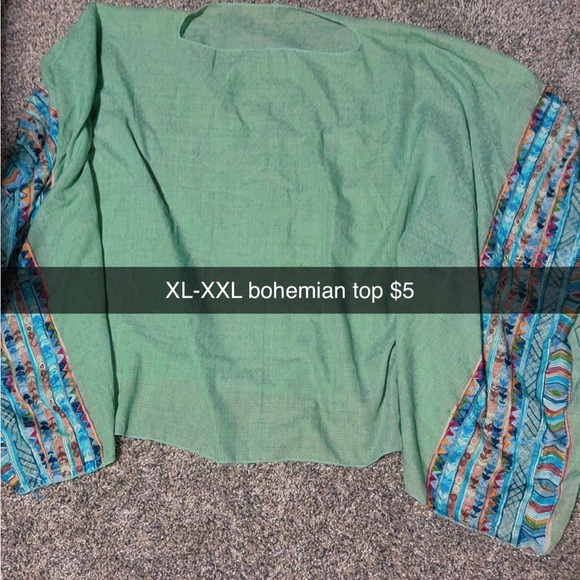 Tops - Bohemian Green Peasant Top with Patterned Sleeves